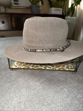Anthropologie Taupe Raffia Sun Hat with Beaded Band